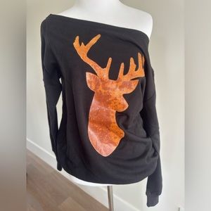 Women’s Reindeer Black Graphic Print Sweatshirt Loose One Off Shoulder Christmas